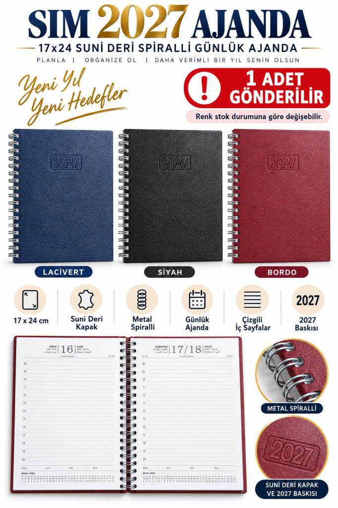 SIM 17x24 SUNI DERI SPIRALLI GUNLUK AJANDA 2027