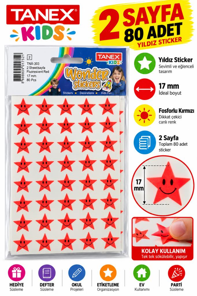 TANEX STICKER YILDIZ 17mm FOS.KIRMIZI 2 AD.TNX-303