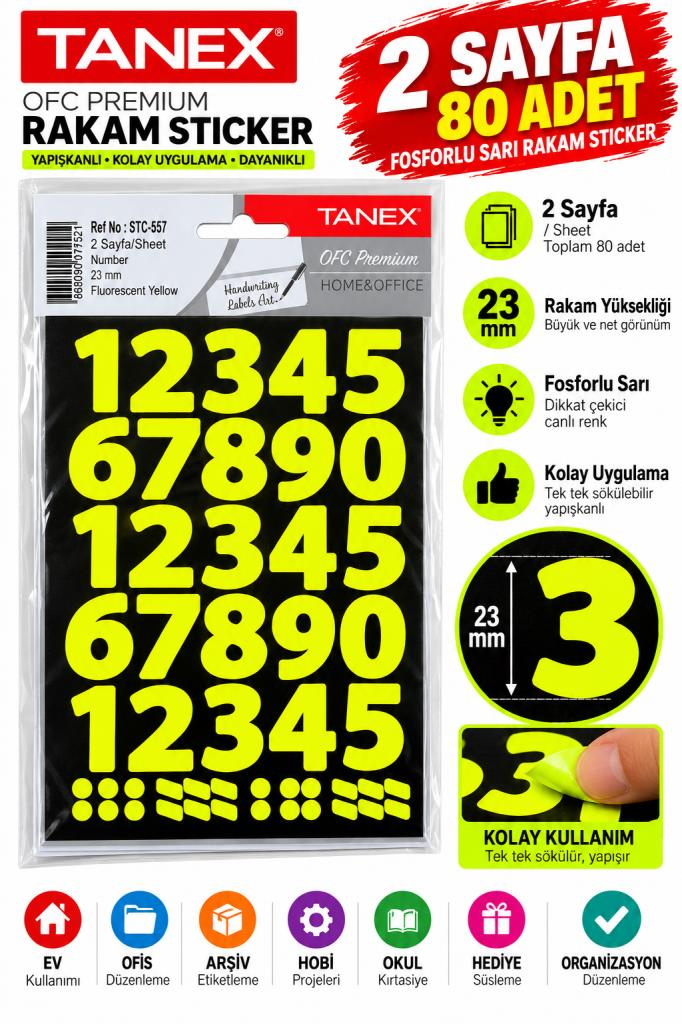 TANEX RAKAM ETIKETI 23mm FLO SARI 2 ADET STC-557