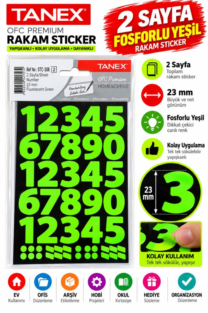 TANEX RAKAM ETIKETI 23mm FLO YESIL 2 ADET STC-558
