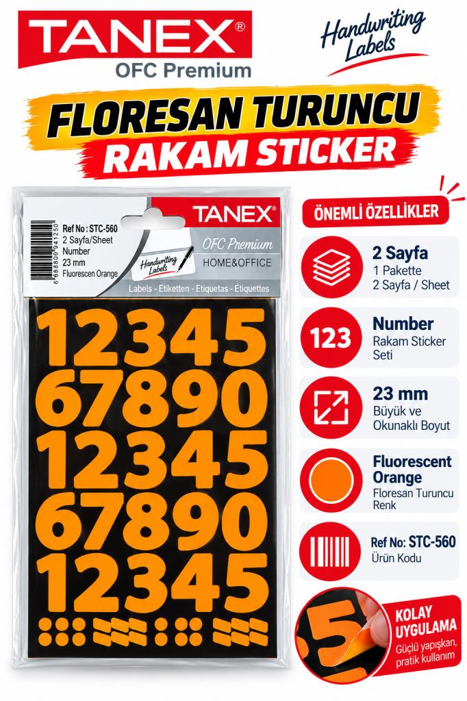 TANEX RAKAM ETIKETI 23mm FLO TURUNCU 2ADET STC-560
