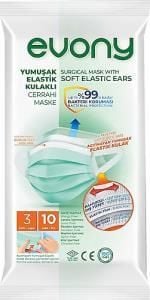 EVONY CERRAHI MASKE 3 KATLI YUMUSAK ELASTIK 10LU