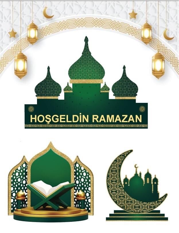 Ramazan Dekoratif 3’lü Pano Seti – Ayaklı Cami, Hilal ve Rahle Temalı Masaüstü Süs