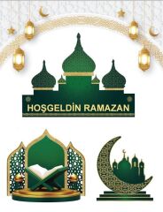 Ramazan Dekoratif 3’lü Pano Seti – Ayaklı Cami, Hilal ve Rahle Temalı Masaüstü Süs