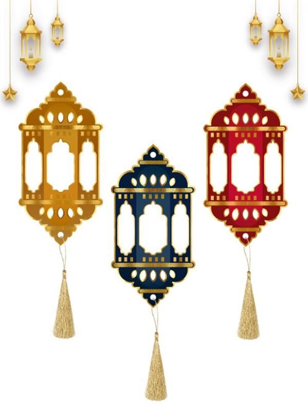 Ramazan Kandil Feneri Varaklı Püsküllü Süs Seti 3’lü – 25 cm Dekoratif Asma Fener – Gold Lacivert Bordo