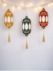 Ramazan Kandil Feneri Varaklı Püsküllü Süs Seti 3’lü – 25 cm Dekoratif Asma Fener – Gold Lacivert Bordo