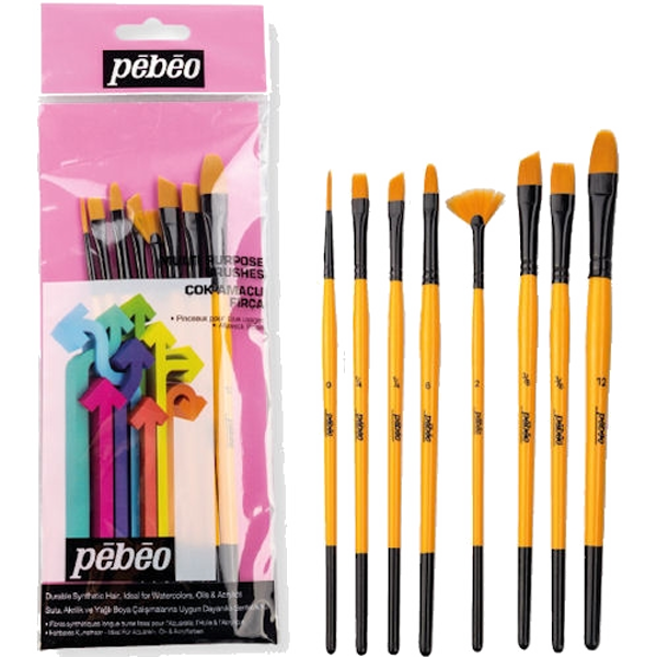 Pebeo Dayanıklı Sentetik Kıl Yuvarlak Uçlu Fırça Seti 8’li – Karışık Renk, Akrilik & Sulu Boya Uyumlu NO:0-2-4-6-8-10-18-10