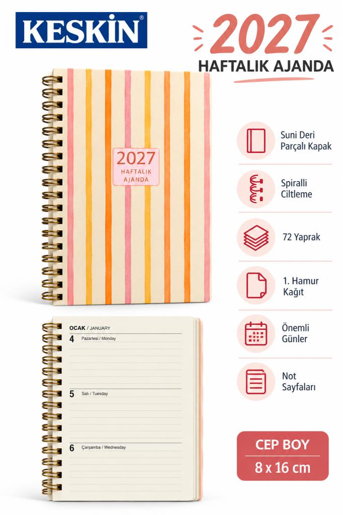 KESKIN 2027 AJANDA HAFTALIK CEP 8x16 SPR.CIZGI