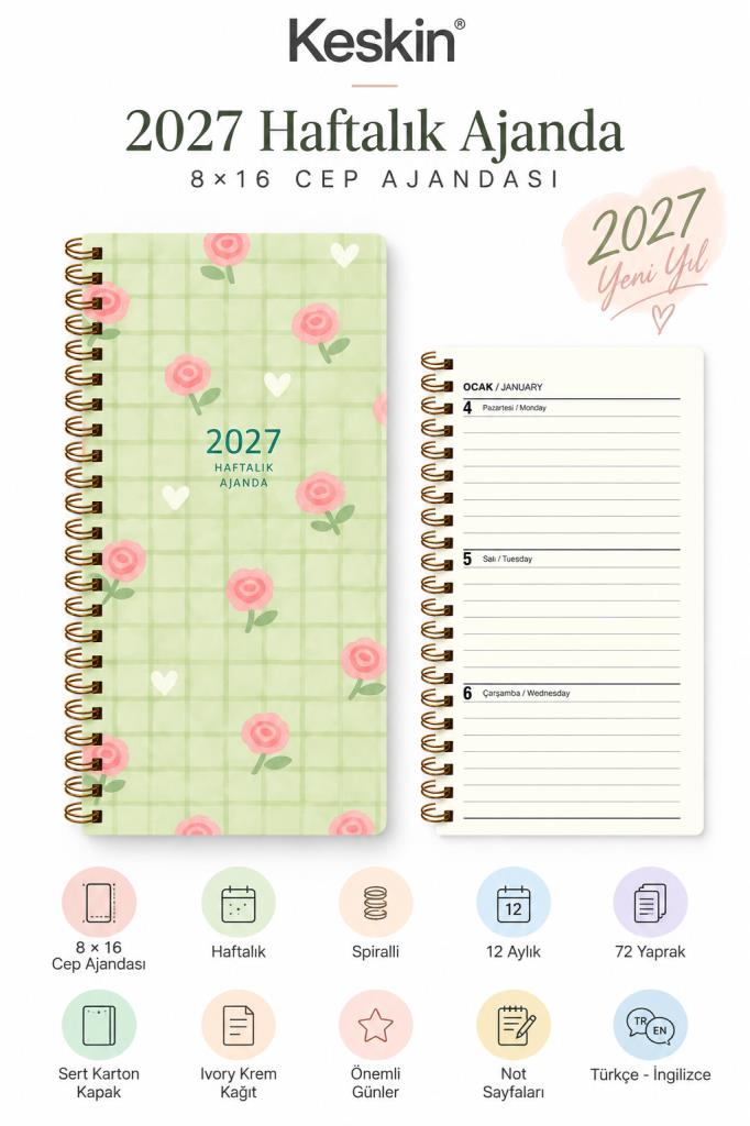 KESKIN 2027 AJANDA HAFTALIK CEP 8x16 SPR.CICEK