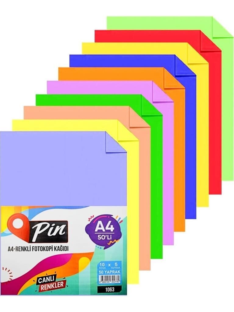 Pin A4 Renkli Fotokopi Kağıdı 10 Renk 50 Yaprak – Canlı Renkler PİN-1063
