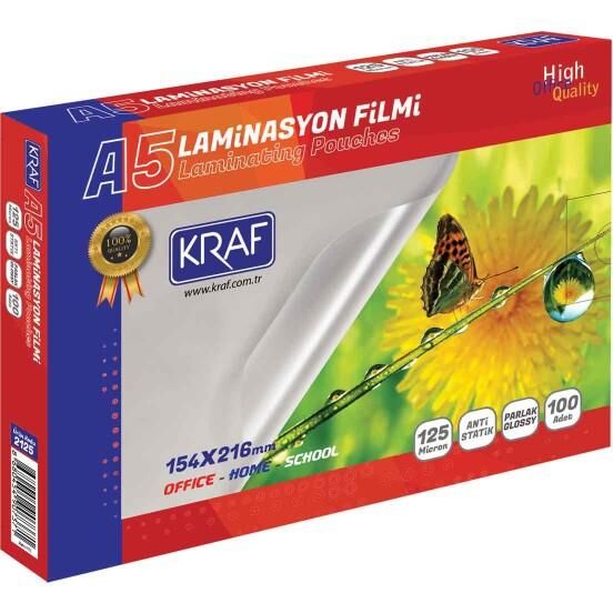 Kraf A5 Laminasyon Filmi 125 Mikron 100’lü – Parlak, Anti Statik, 154x216 mm Laminasyon Poşeti (2125)