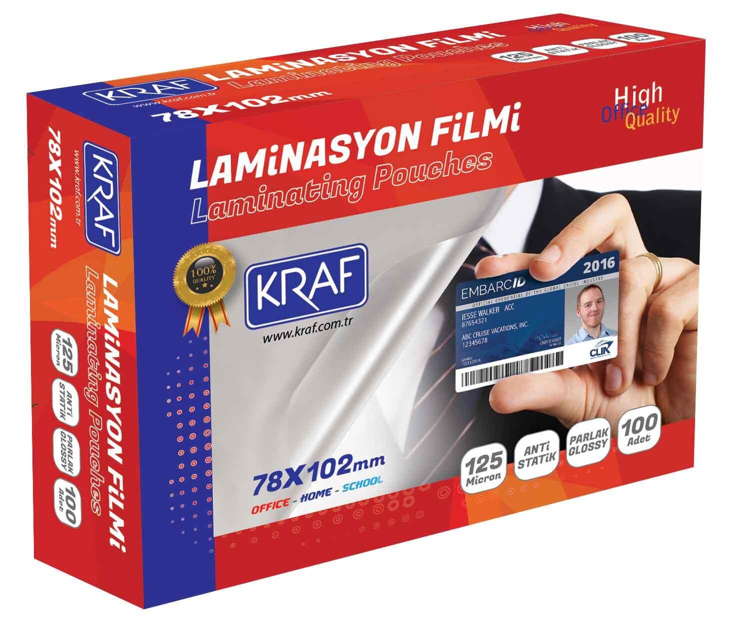 KRAF Laminasyon Filmi 78x102 mm 125 Micron Parlak Anti-Statik 100’lü – Sıcak Laminasyon Uyumlu (2127)
