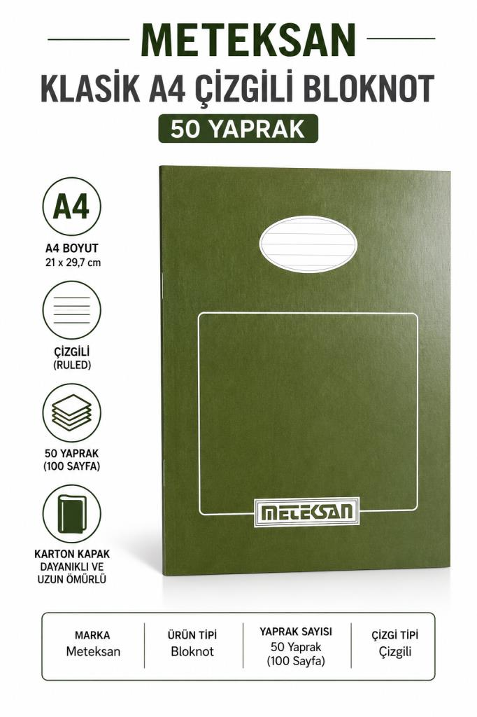 METEKSAN A4 BLOKNOT KARTON KAPAK CIZGILI 50 YP.