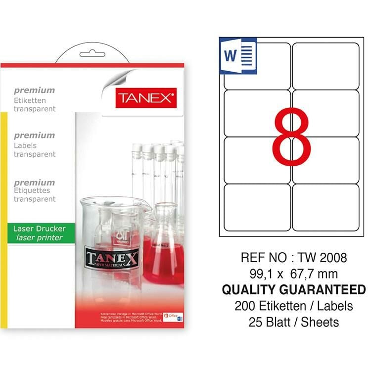 TANEX ETIKET LASER SEFFAF 99,1x67,7 25 LI(2x4=200)