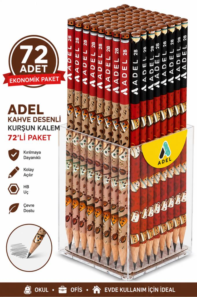 ADEL KAHVE DESENLI KURSUN KALEM 72 LI
