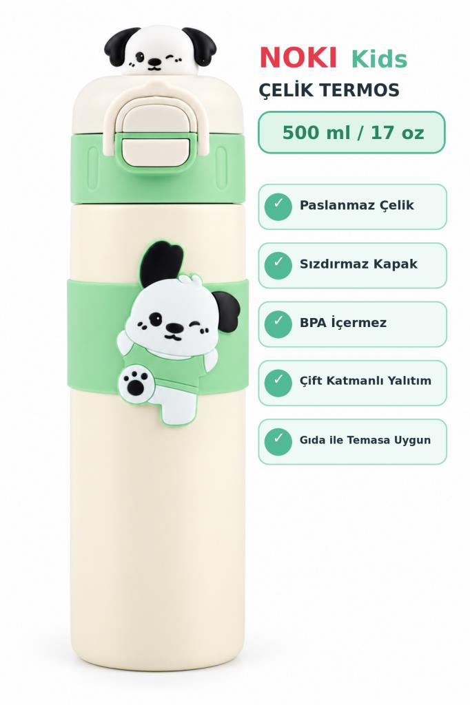 NOKI KIDS CIFT AGIZLI CELIK MATARA 500ml KREM/YESI