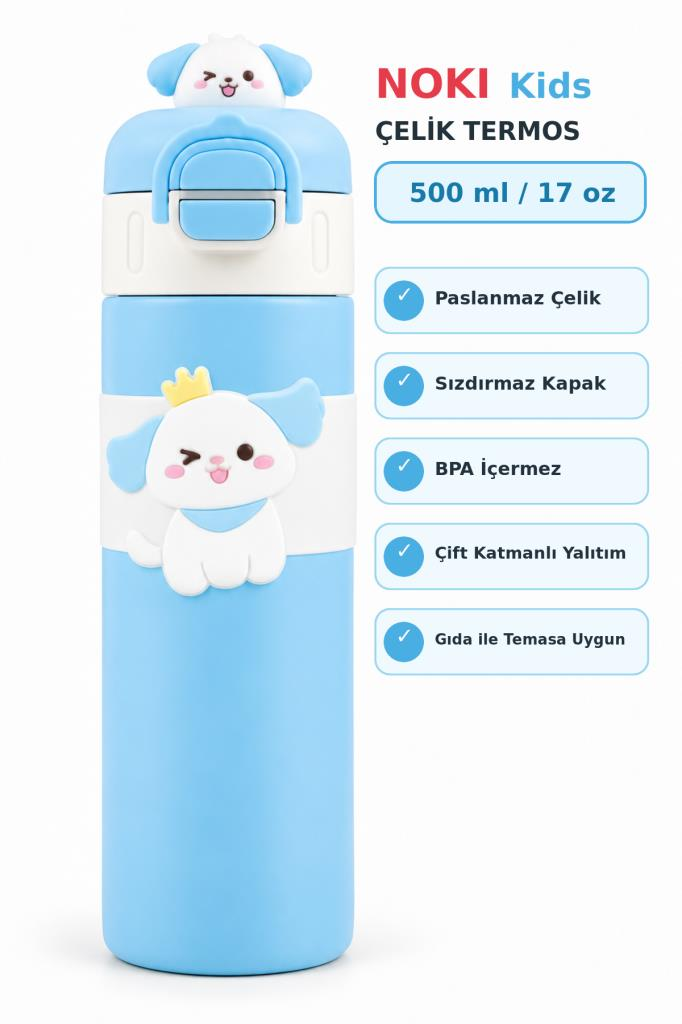 NOKI KIDS CIFT AGIZLI CELIK MATARA 500ml MAVI