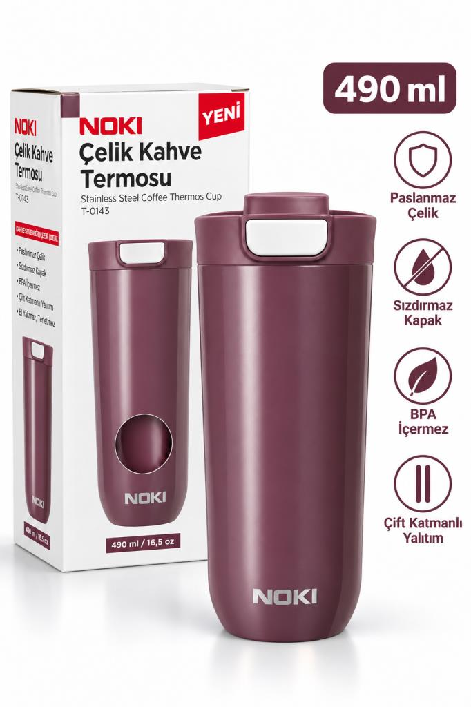NOKI CELIK KAHVE TERMOSU 490ml BORDO T-0143-060