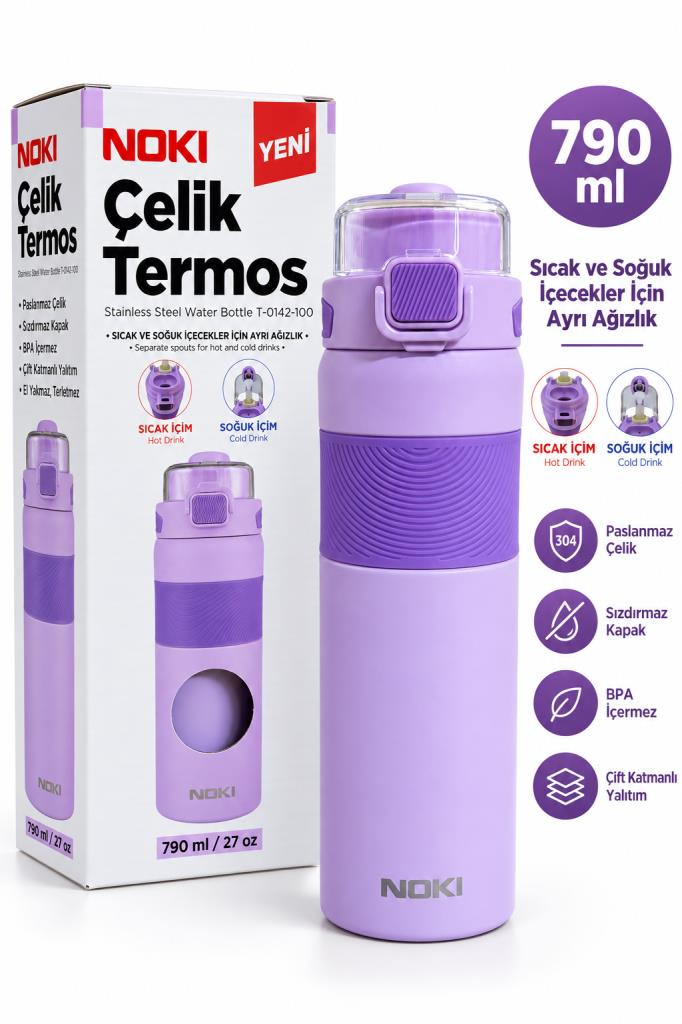 NOKI CELIK TERMOS CIFT AGIZLIKLI 790ml MOR T-0142