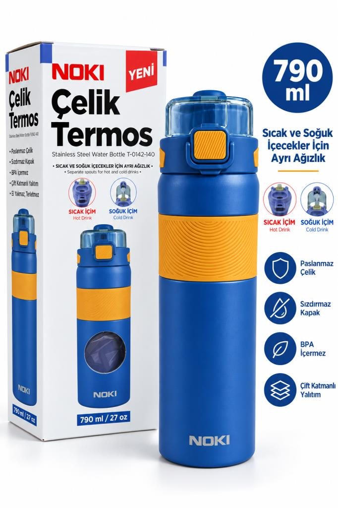 NOKI CELIK TERMOS CIFT AGIZLIKLI 790ml MAVI T-0142