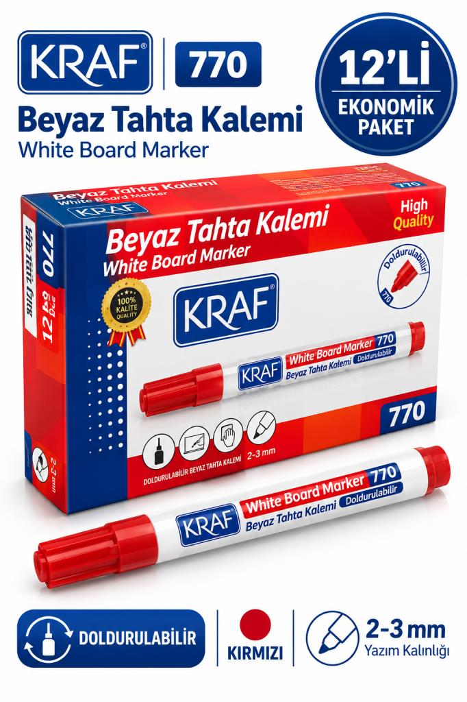 KRAF TAHTA KALEMI DOLDURULABILIR KIRMIZ12 LI (770)