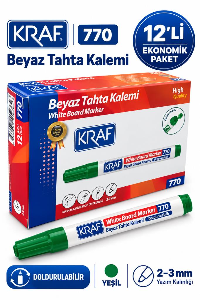 KRAF TAHTA KALEMI DOLDURULABILIR YESIL 12 LI (770)